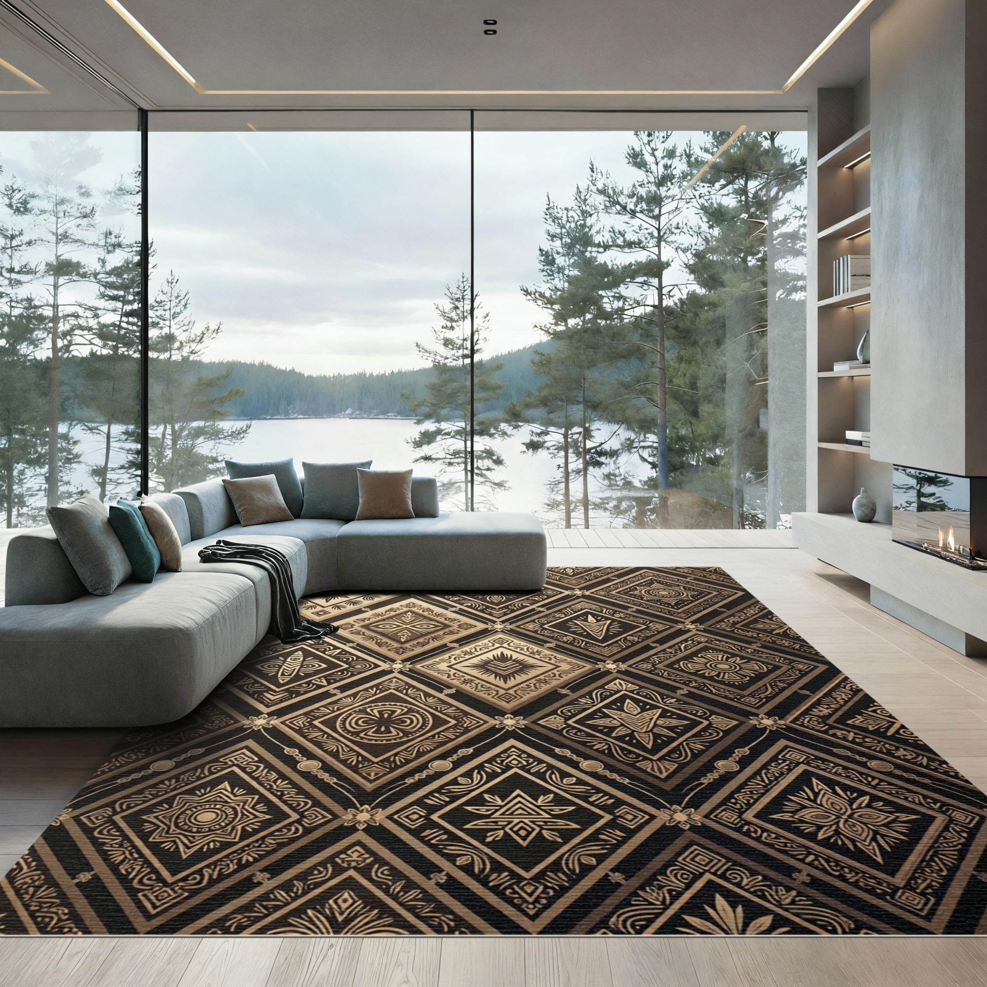 Elegant Golden Geometric Diamond Art Rug