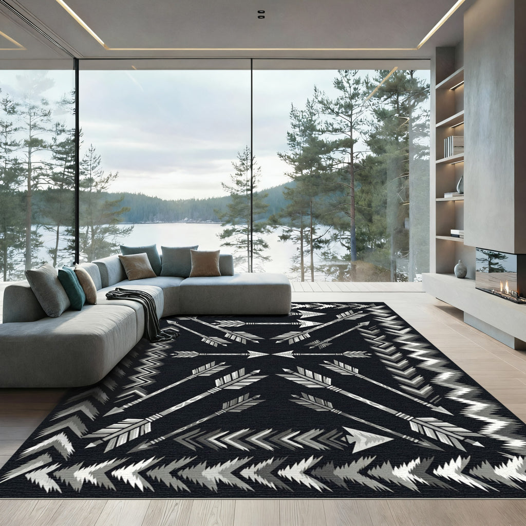Gray and White Arrow Border Rug