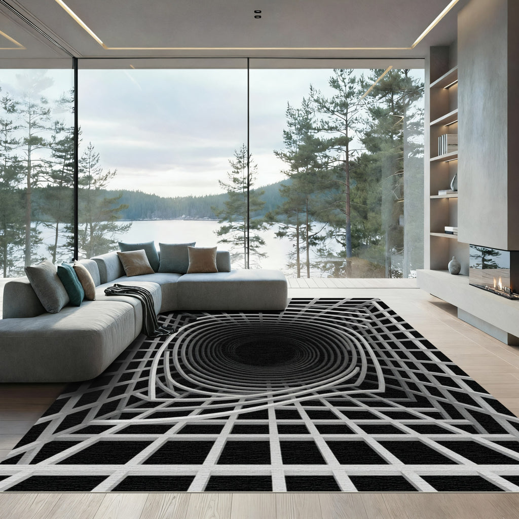Monochrome Abstract Optical Vortex Grid Rug