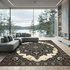 Antique Black Gold Floral Medallion Rug