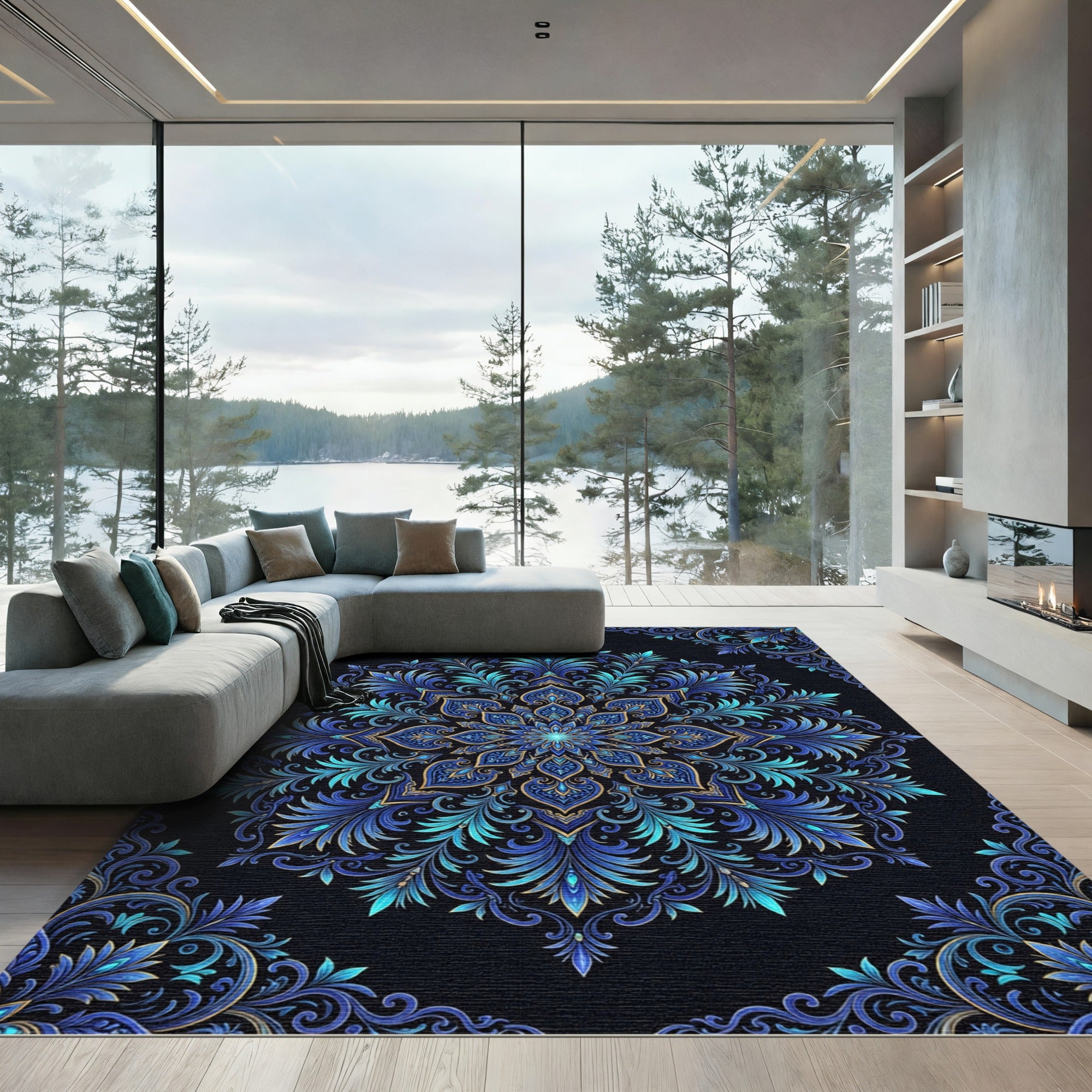 Radiant Azure Filigree Floral Medallion Rug