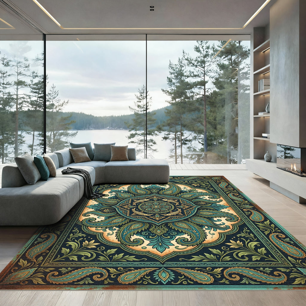 Teal Paisley Fish Medallion Ornate Art Rug