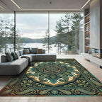 Teal Paisley Fish Medallion Ornate Art Rug