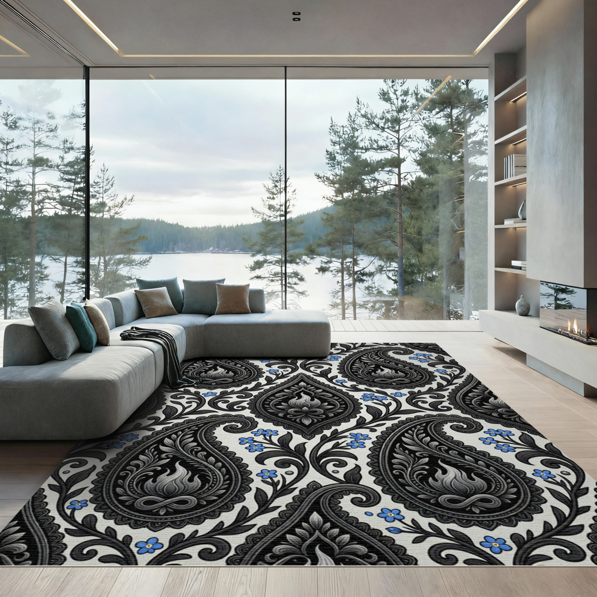 Classic Black Grey Paisley Forget Me Not Rug