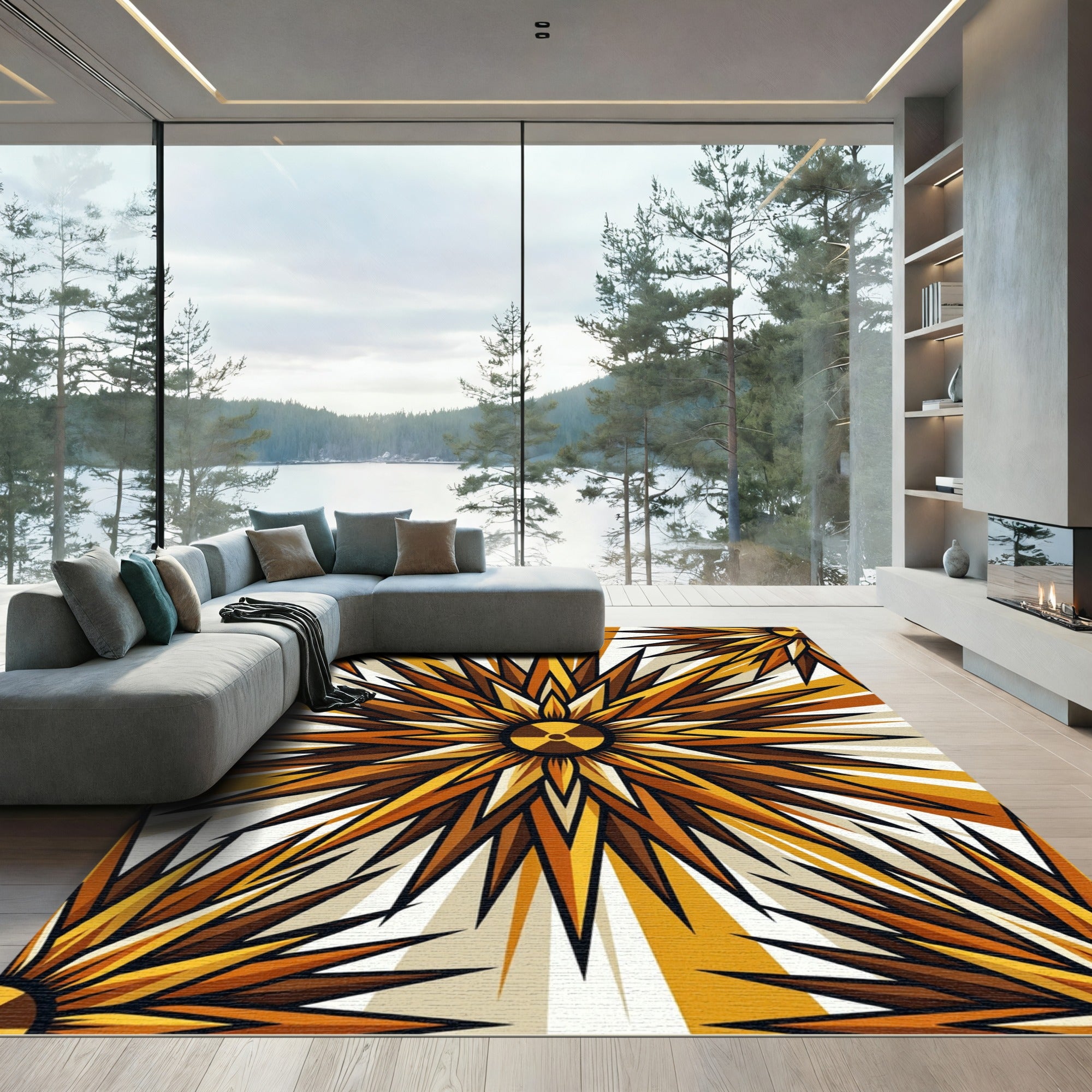 Radiant Golden Starburst Nuclear Geometric Rug