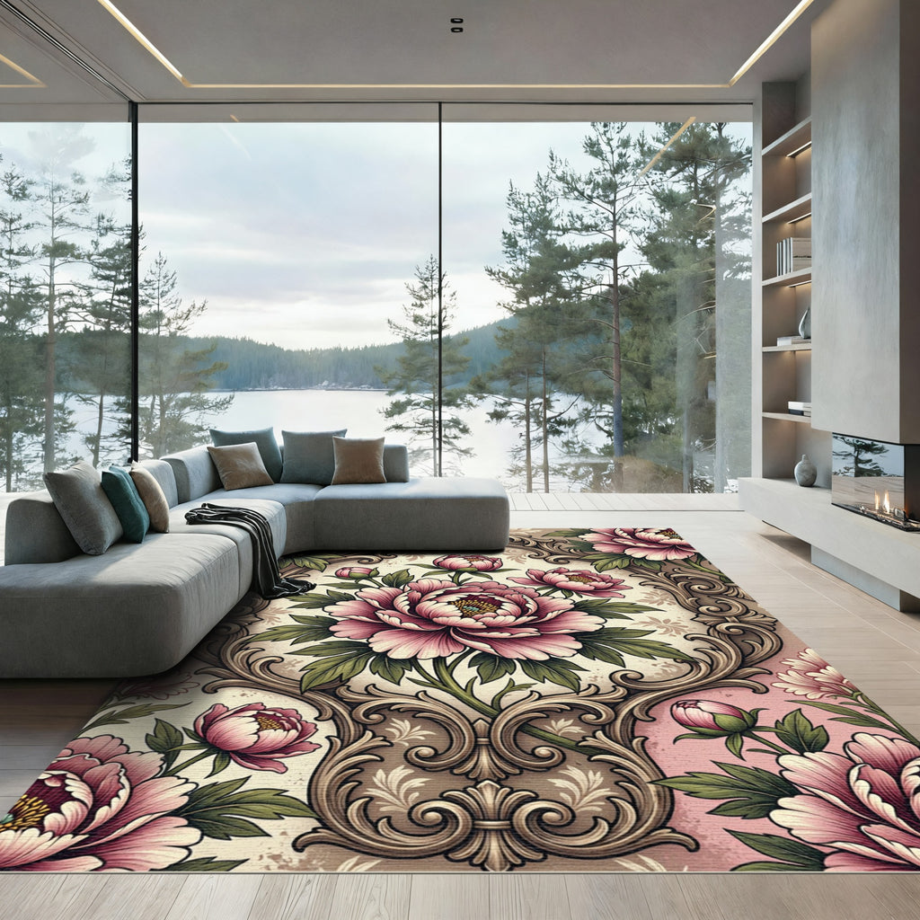 Pink Floral Damask Ornate Scroll Rug