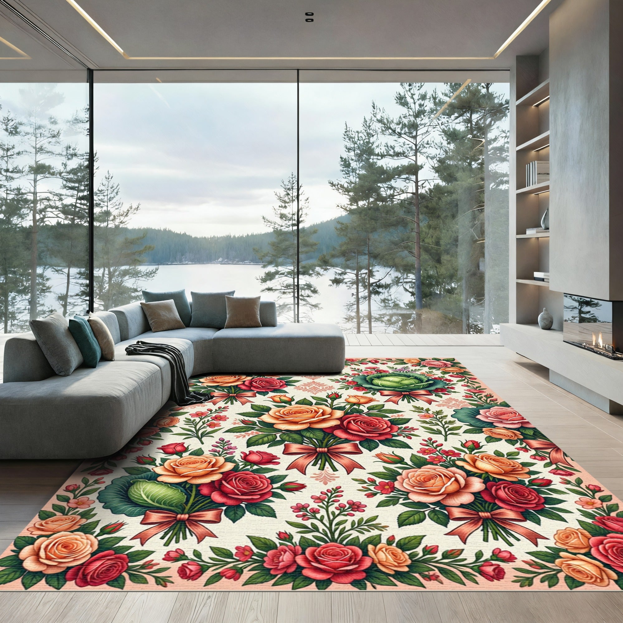 Peach and Crimson Rose Bouquet Tapestry Rug