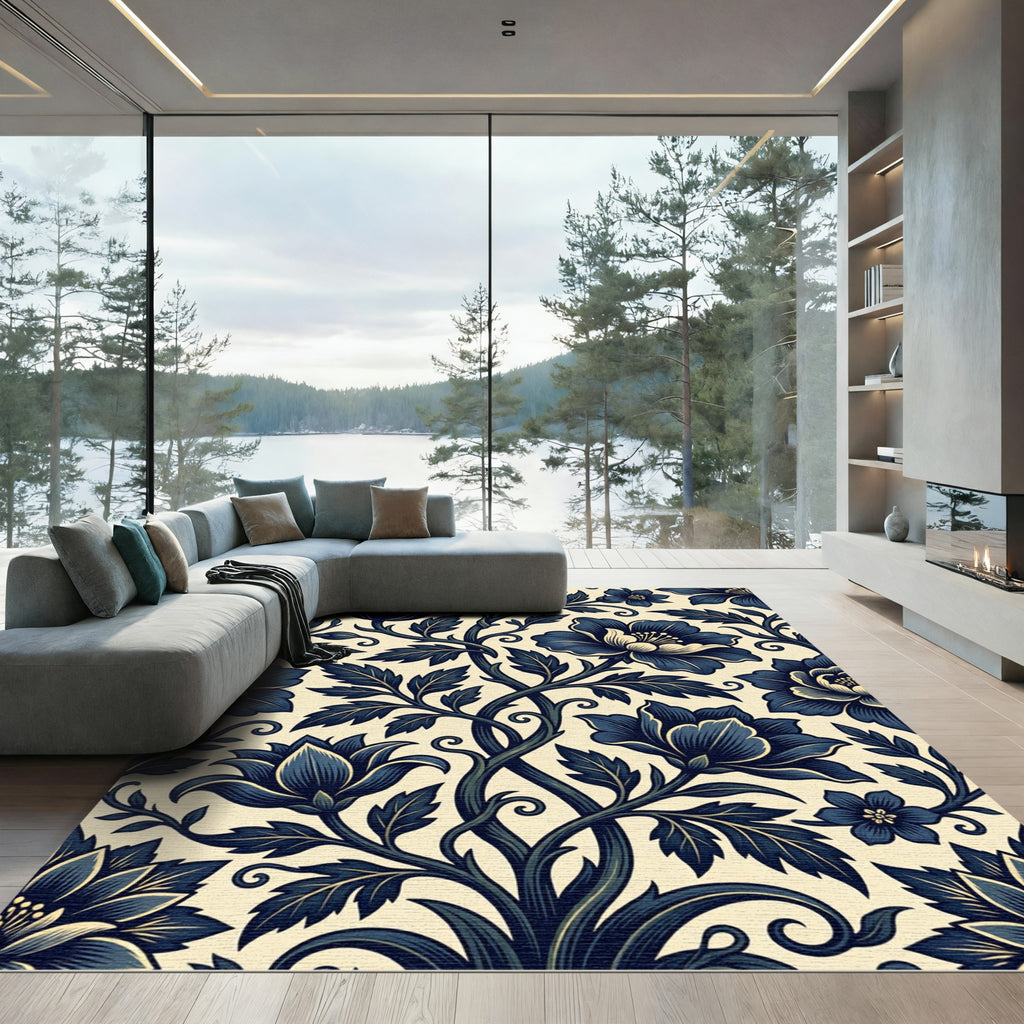 Navy Floral Botanical Scroll Art Rug