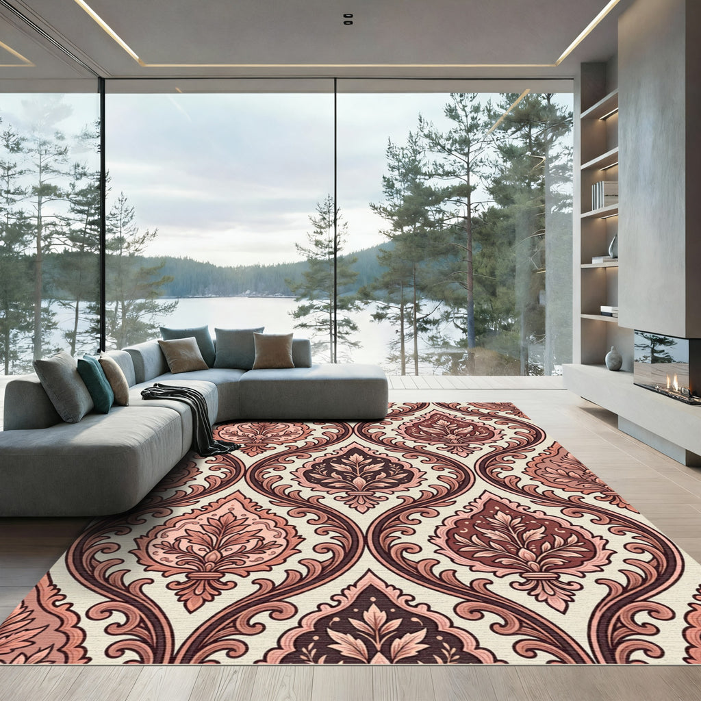 Ornate Pink and Brown Damask Swirls Rug
