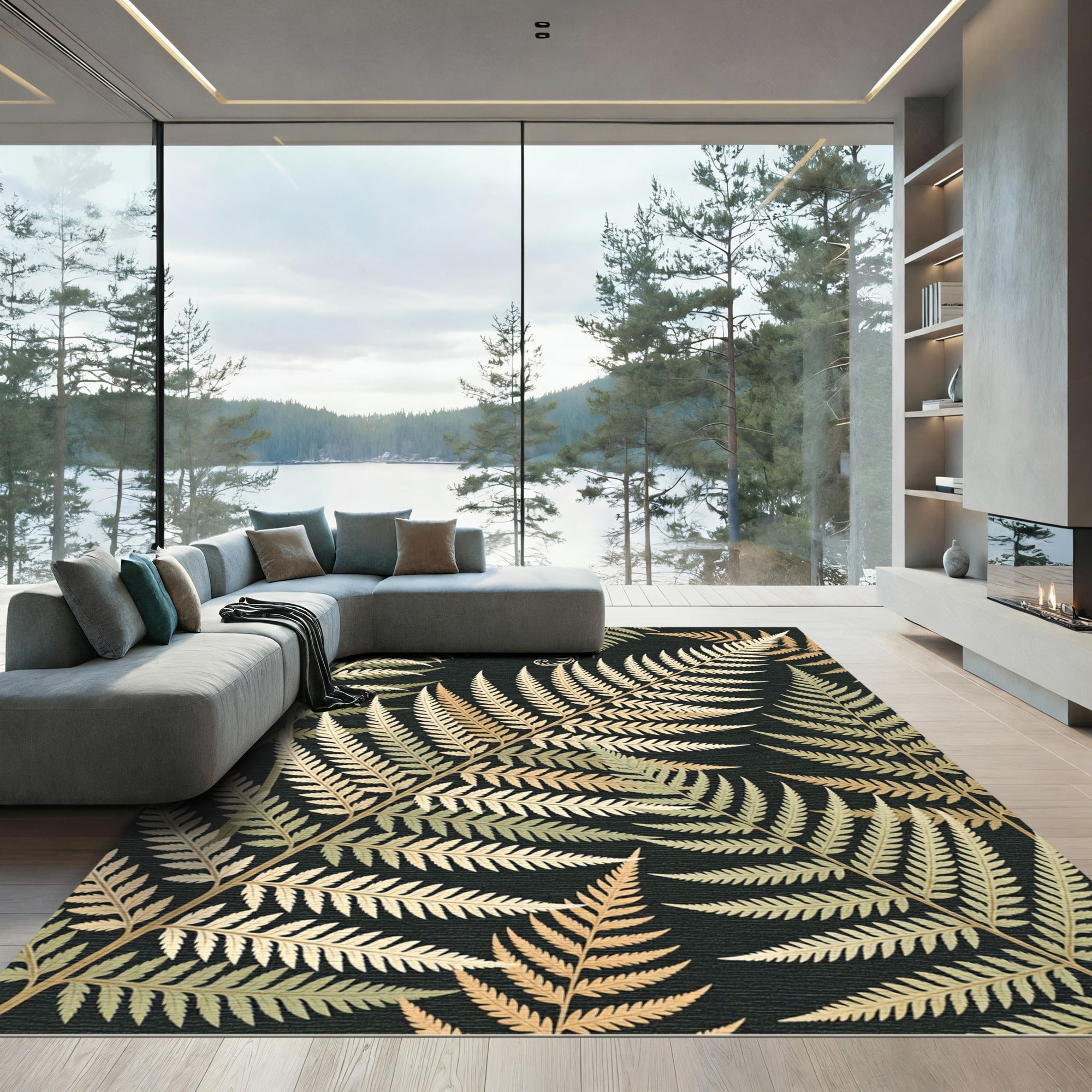 Elegant Gold Fern Frond Pattern Rug