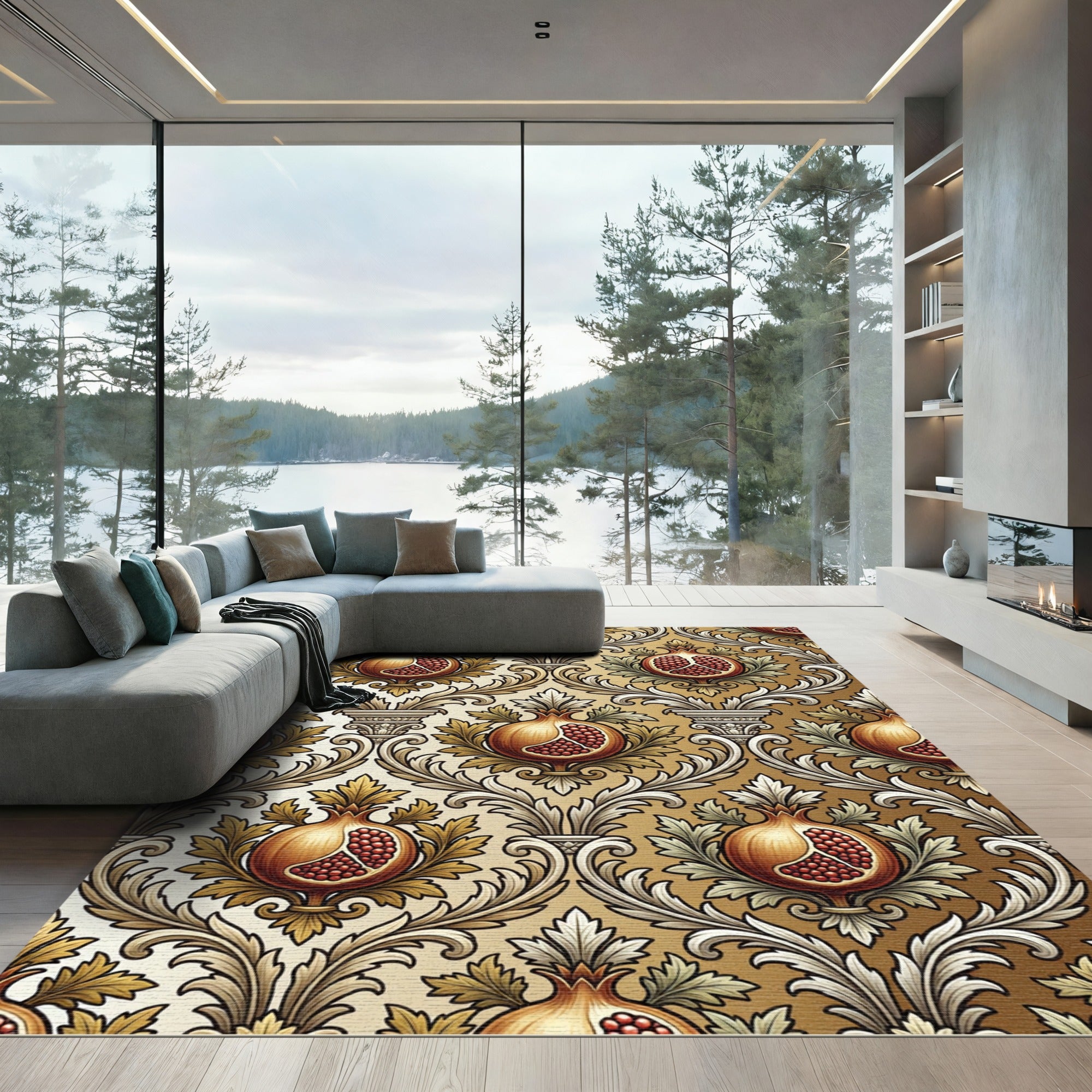 Rustic Golden Pomegranate Floral Damask Rug