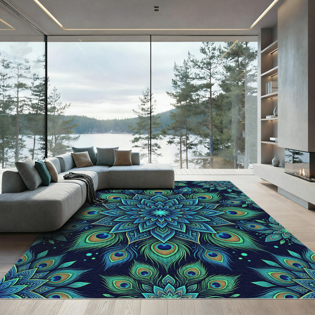 Vibrant Peacock Feather Blue Mandala Rug