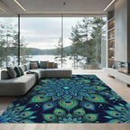 Vibrant Peacock Feather Blue Mandala Rug
