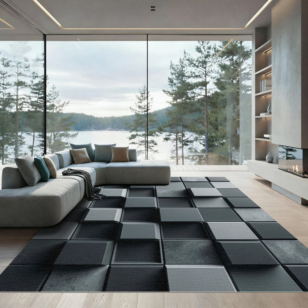 Modern Charcoal Three Dimensional Geometric Block Rug