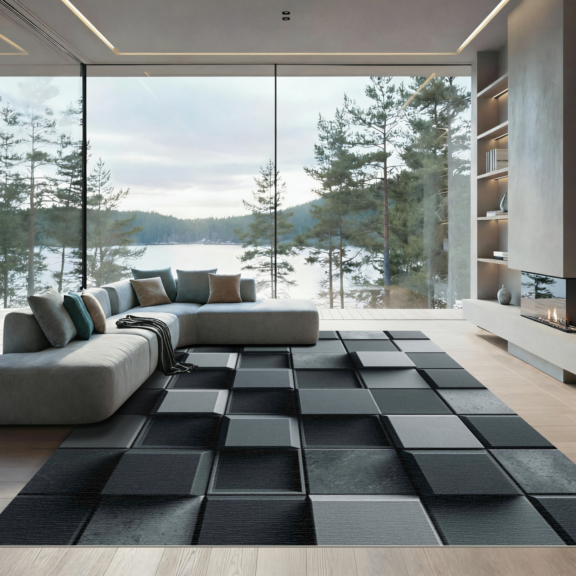 Modern Charcoal Three Dimensional Geometric Block Rug