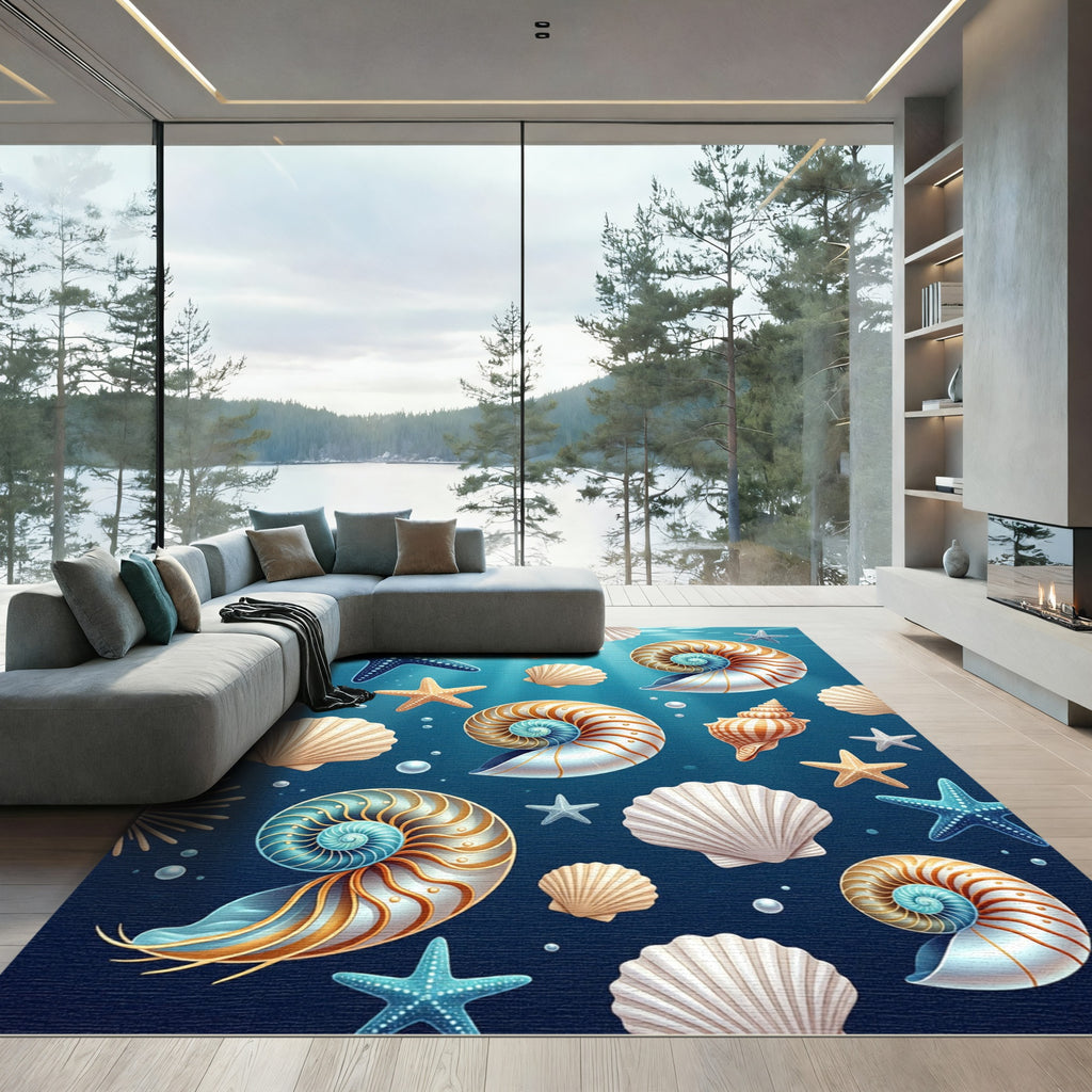 Ocean Blue Starfish Nautilus Shells Rug