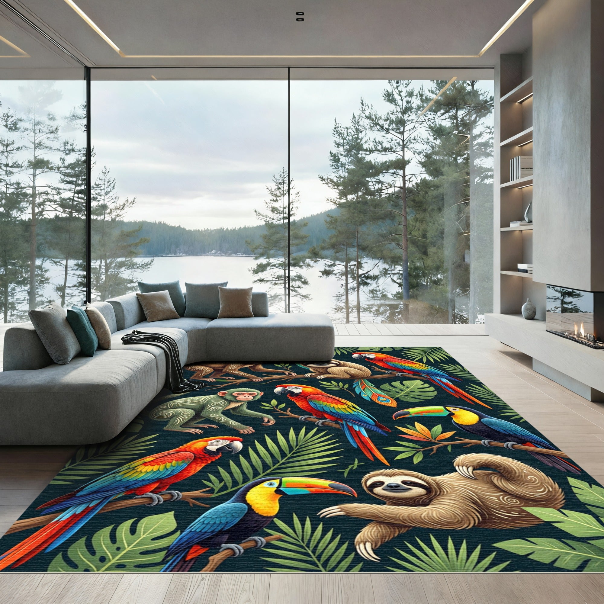 Lush Tropical Jungle Animal Art Rug