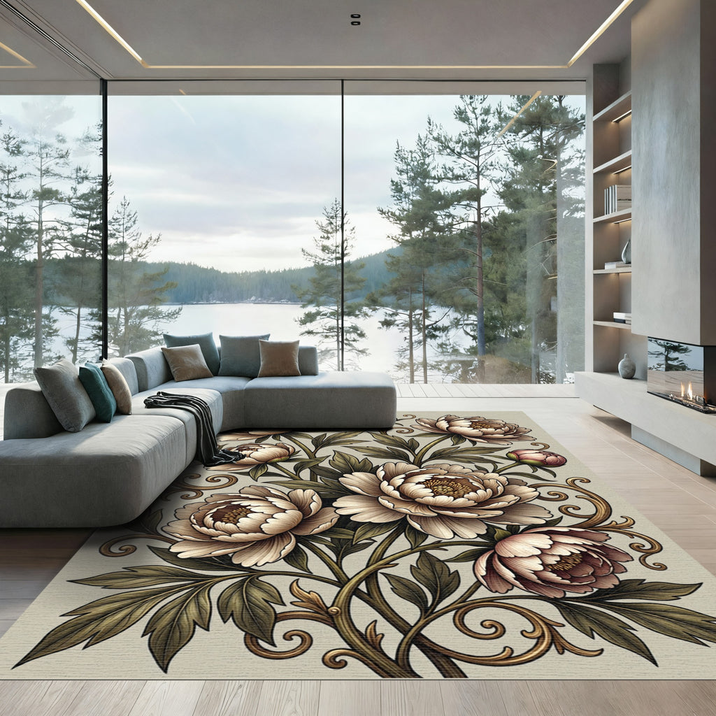 Elegant Vintage Peony Floral Scroll Rug