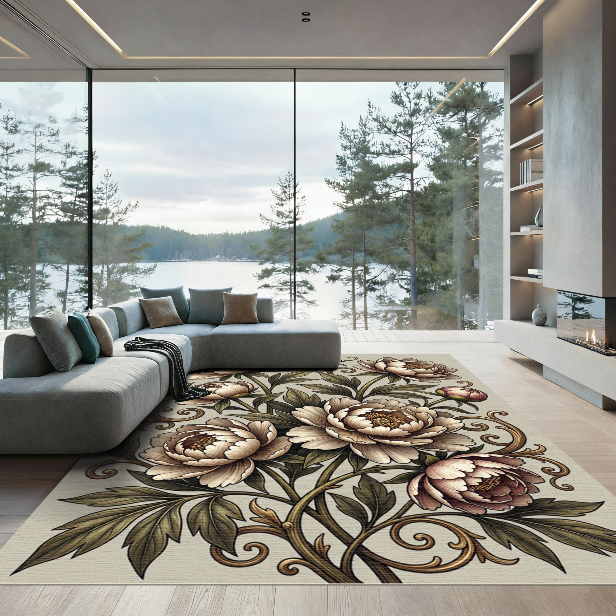 Elegant Vintage Peony Floral Scroll Rug