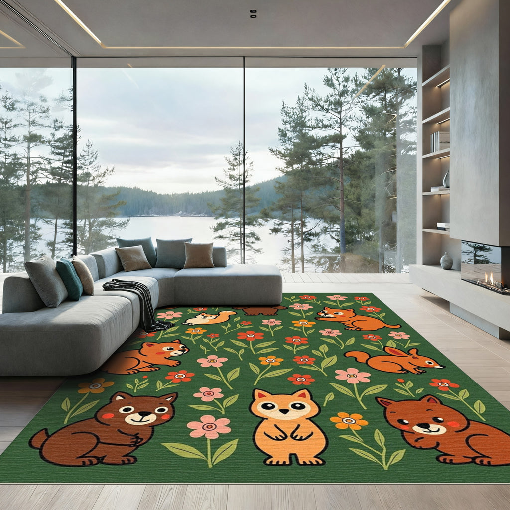 Woodland Creatures Flower Field Rug