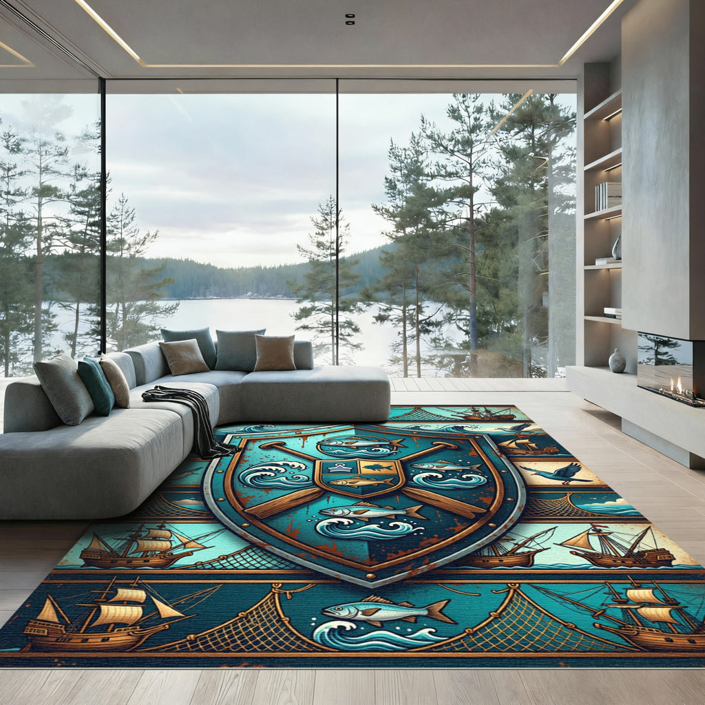 Nautical Teal Shield Sailing Emblem Rug
