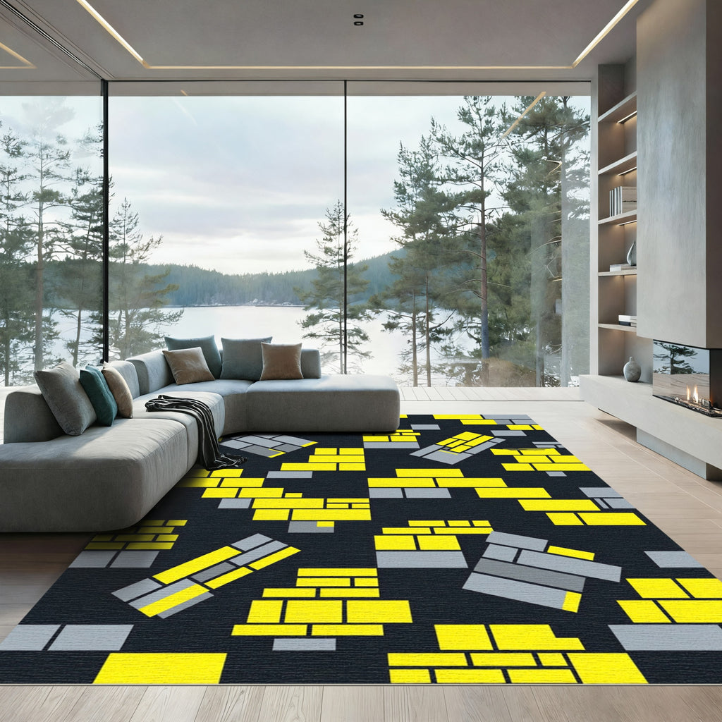 Yellow and Gray Geometric Brick Rug
