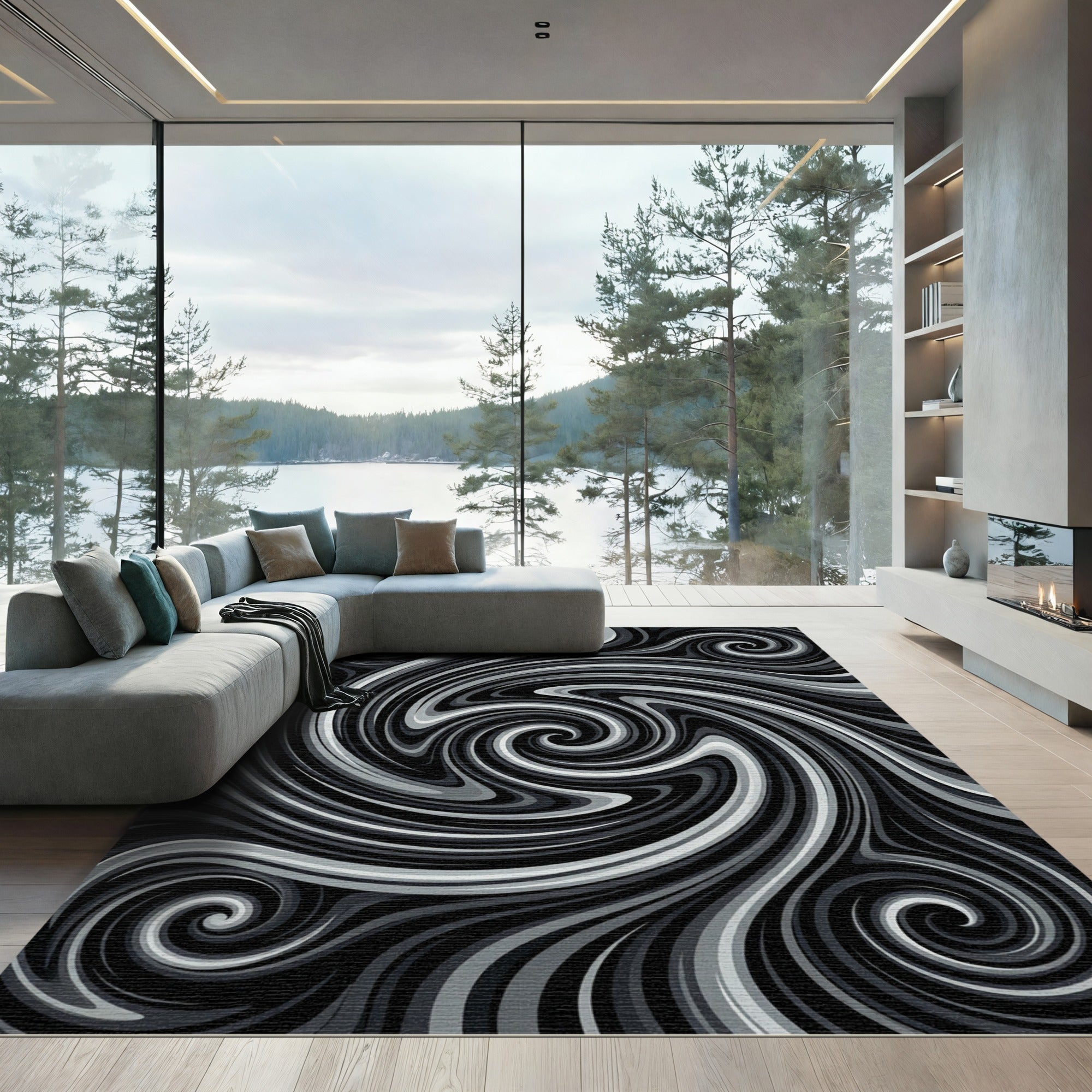 Abstract Gray Swirl Vortex Rug