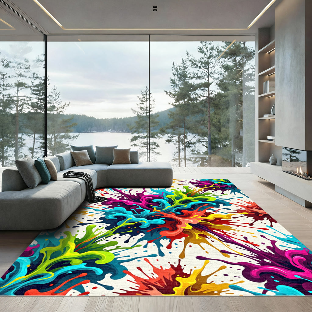 Vibrant Rainbow Paint Splatter Explosion Rug