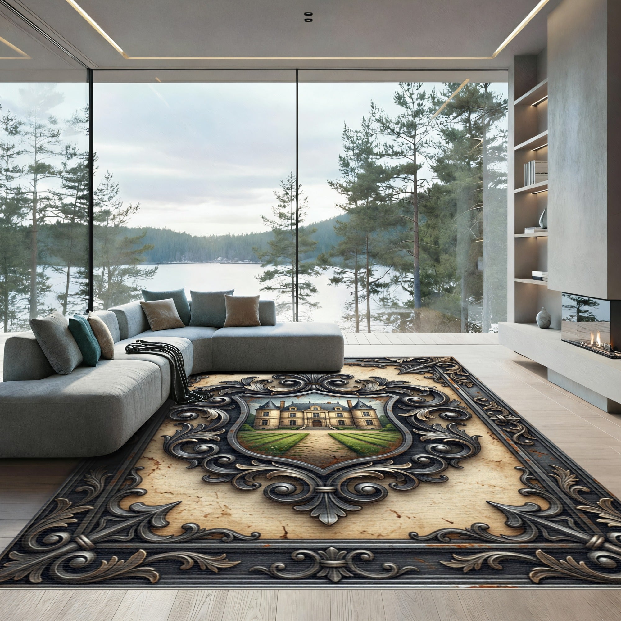 Ornate Crest French Chateau Estate Rug