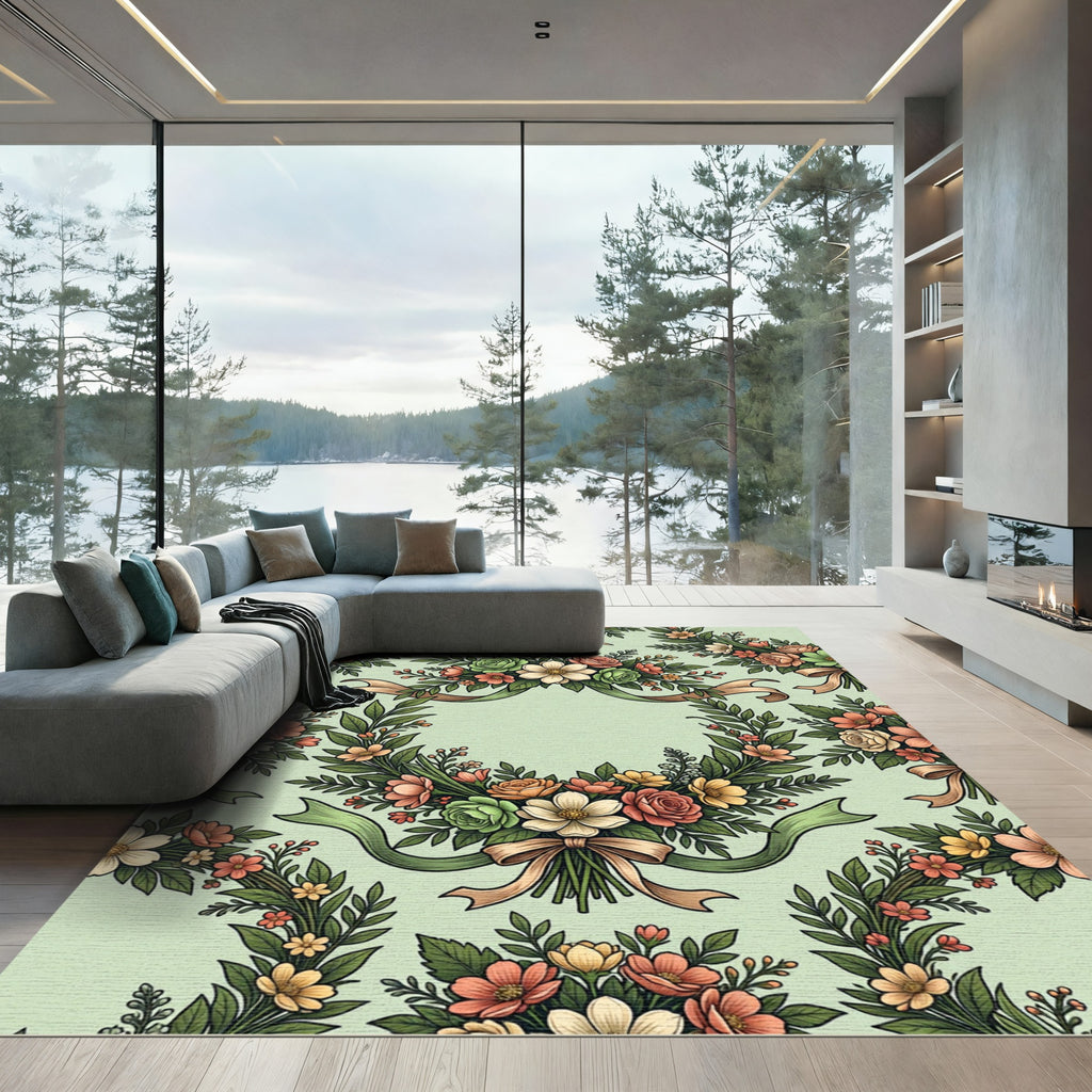 Sage Green Floral Wreath Ribbon Rug