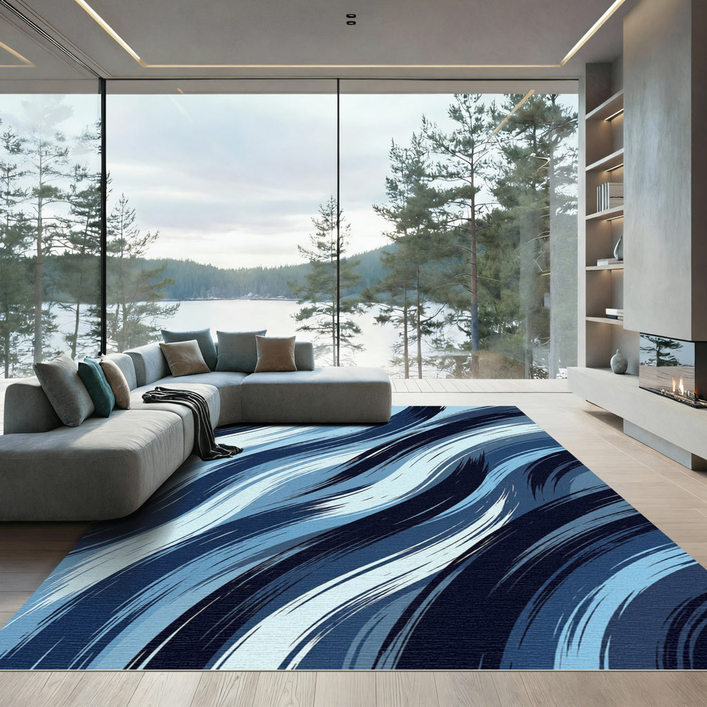 Deep Blue Brushstroke Ocean Waves Rug
