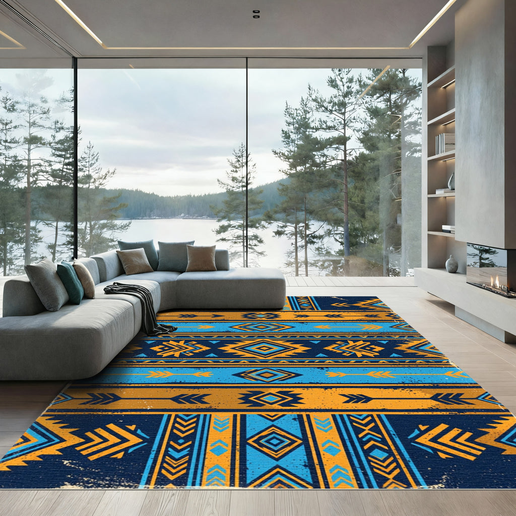 Vibrant Navy Blue Golden Geometric Arrow Rug