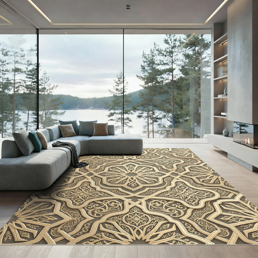 Gold Arabesque Geometric Starburst Rug