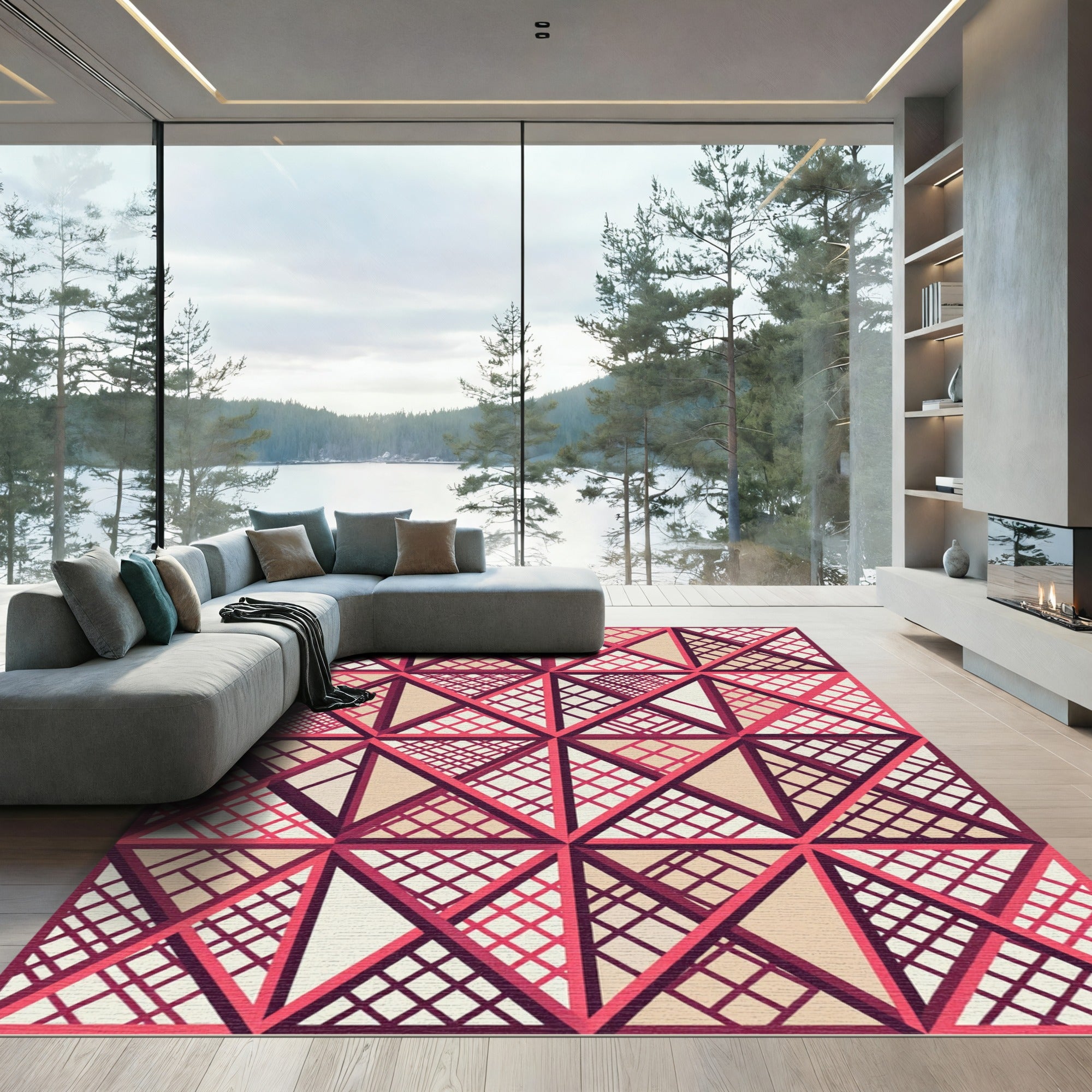 Geometric Coral and Taupe Grid Rug