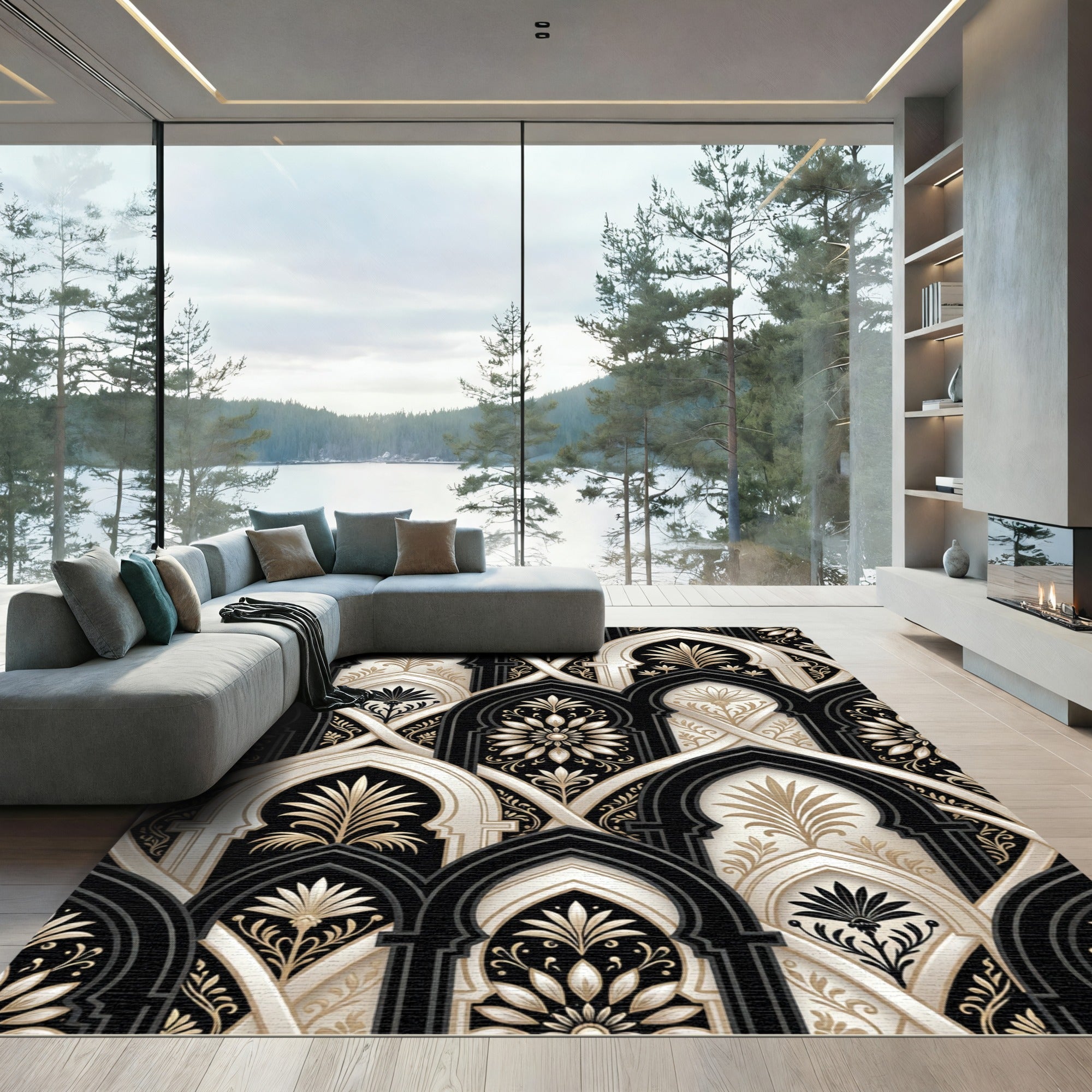Elegant Black And Cream Arched Floral Rug