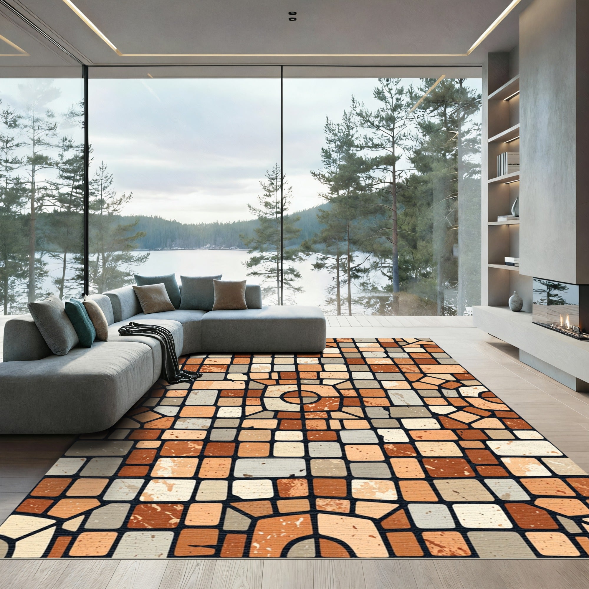 Terracotta And Cream Stained Glass Rug
