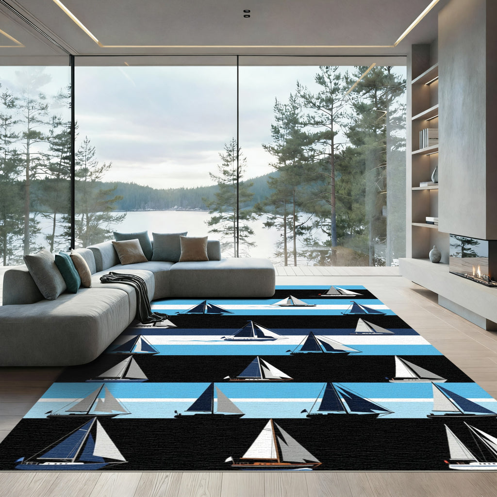 Navy Blue Sailboat Nautical Stripes Rug