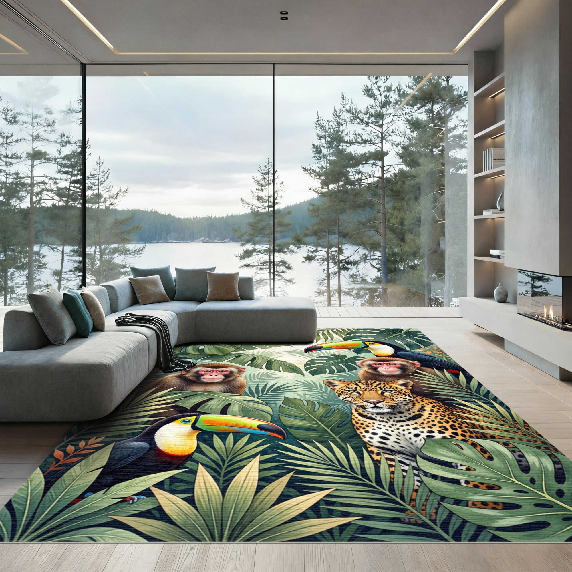 Vibrant Tropical Jungle Wildlife Scene Rug
