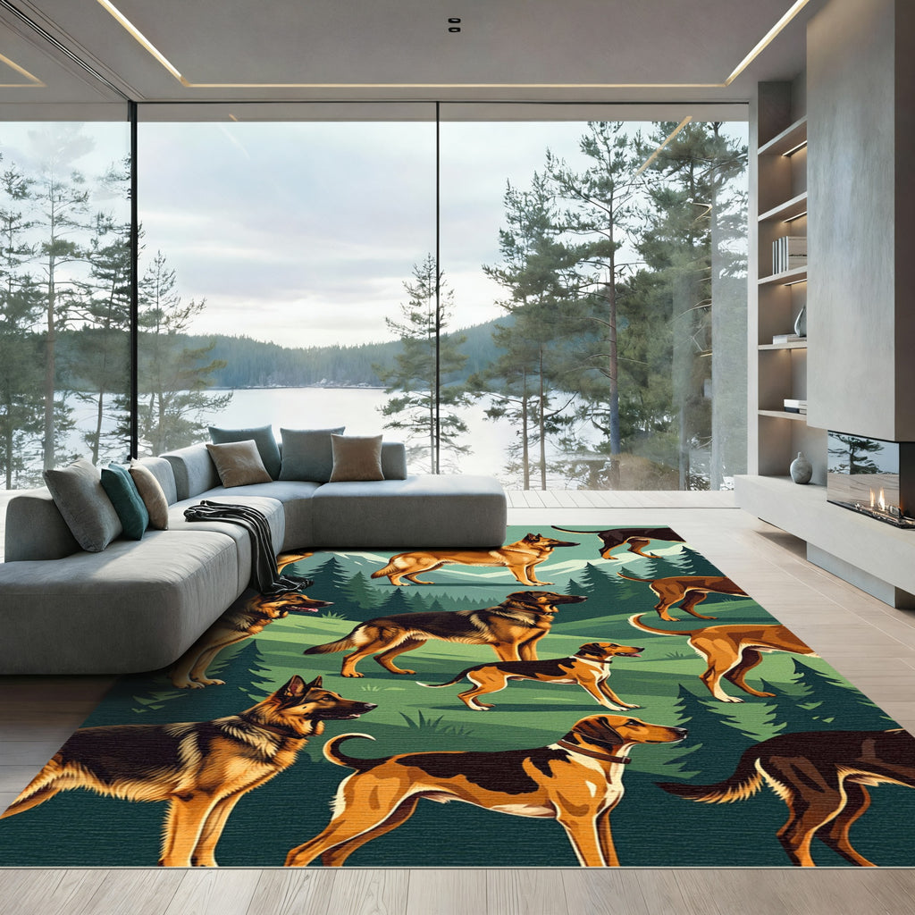 Majestic German Shepherd Mountain Forest Scene Rug