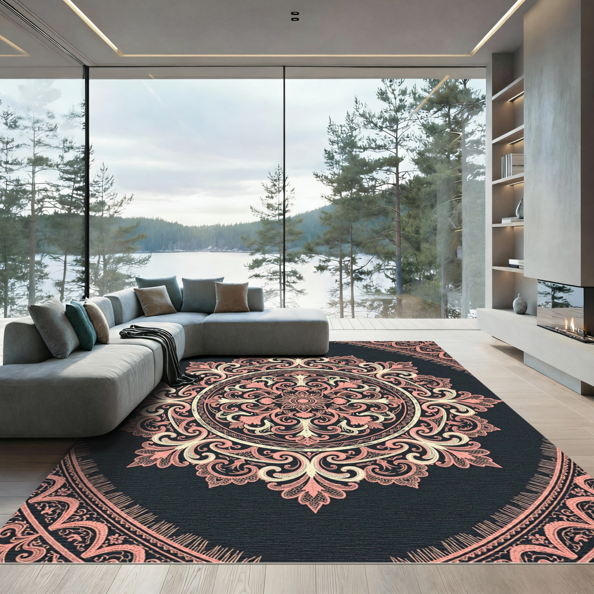 Sophisticated Blush Pink Ornate Floral Medallion Rug