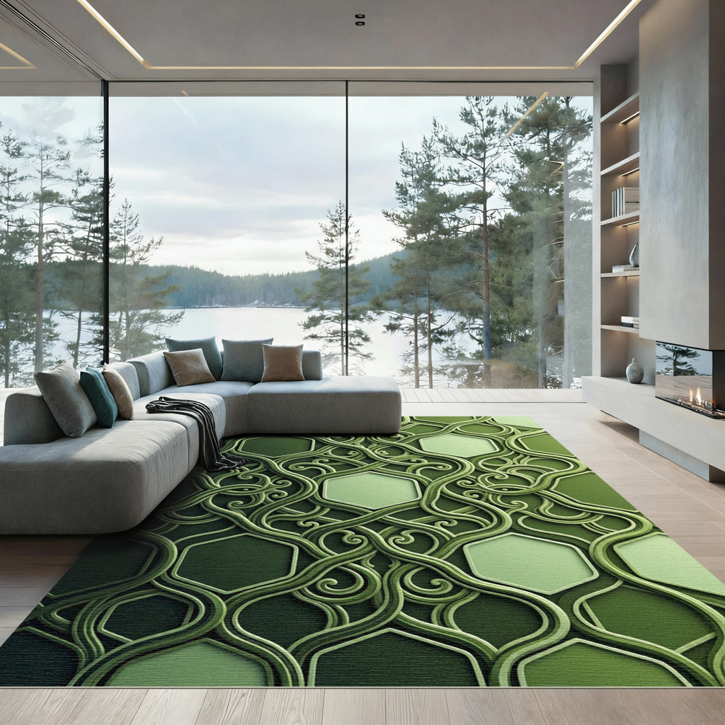 Deep Emerald Hexagon Intertwined Vines Rug