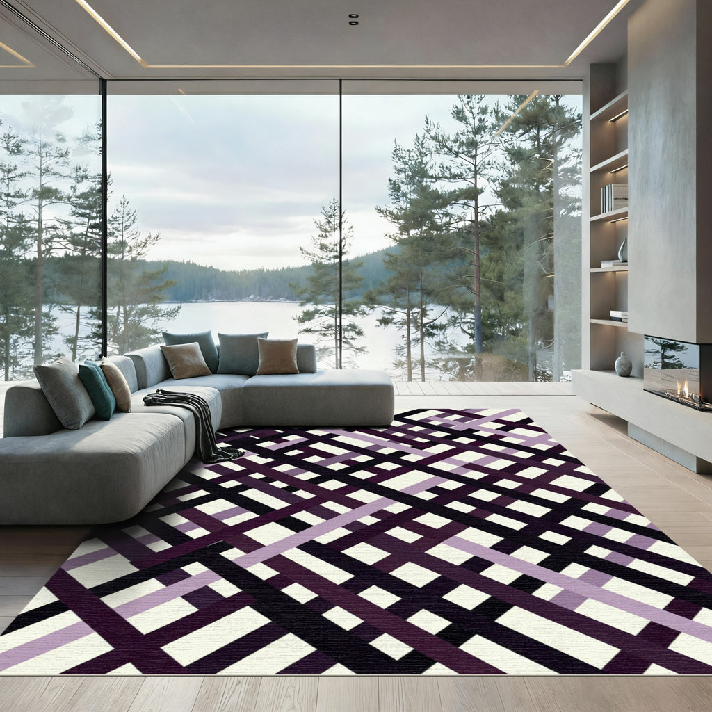 Modern Purple Black Overlapping Geometric Grid Rug