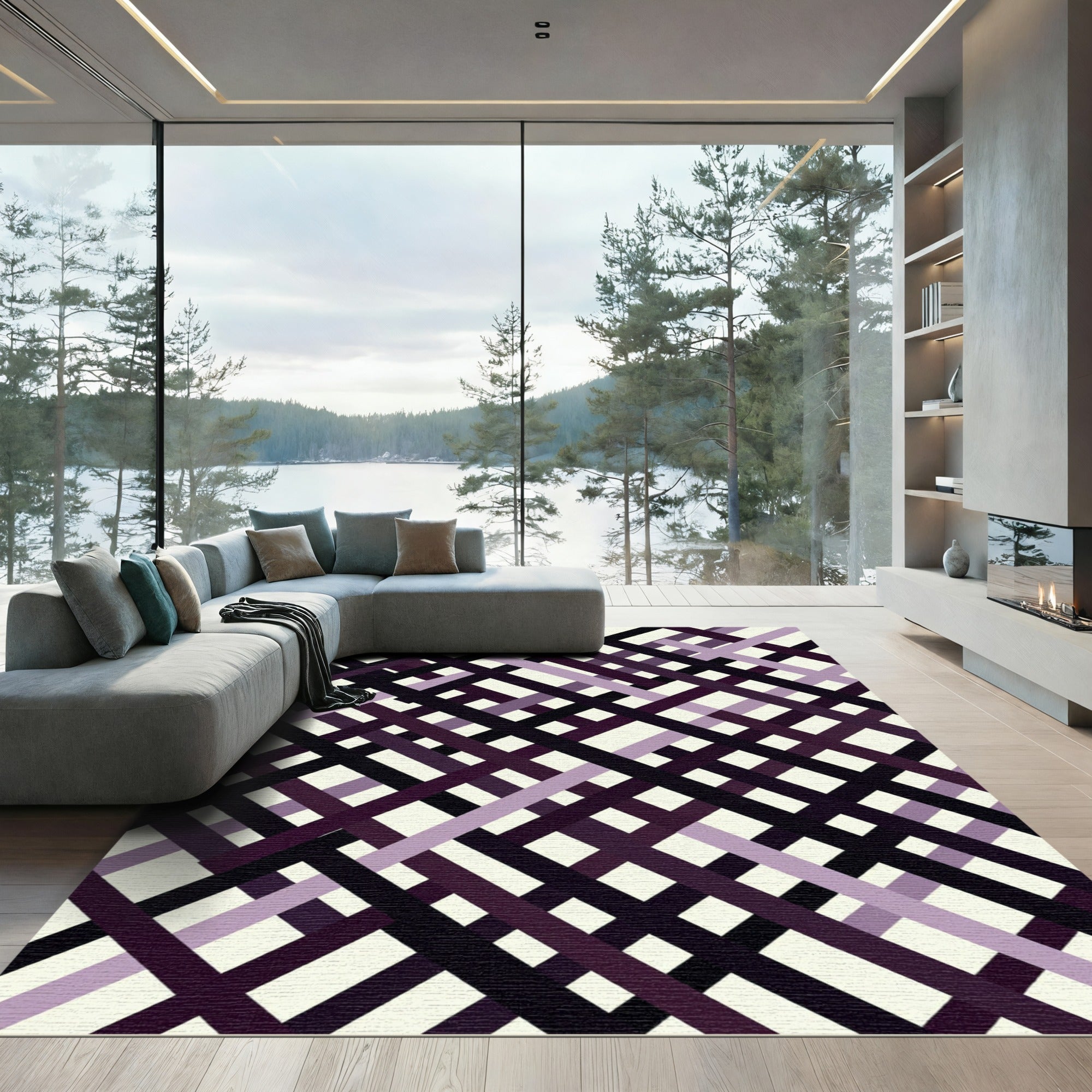 Modern Purple Black Overlapping Geometric Grid Rug