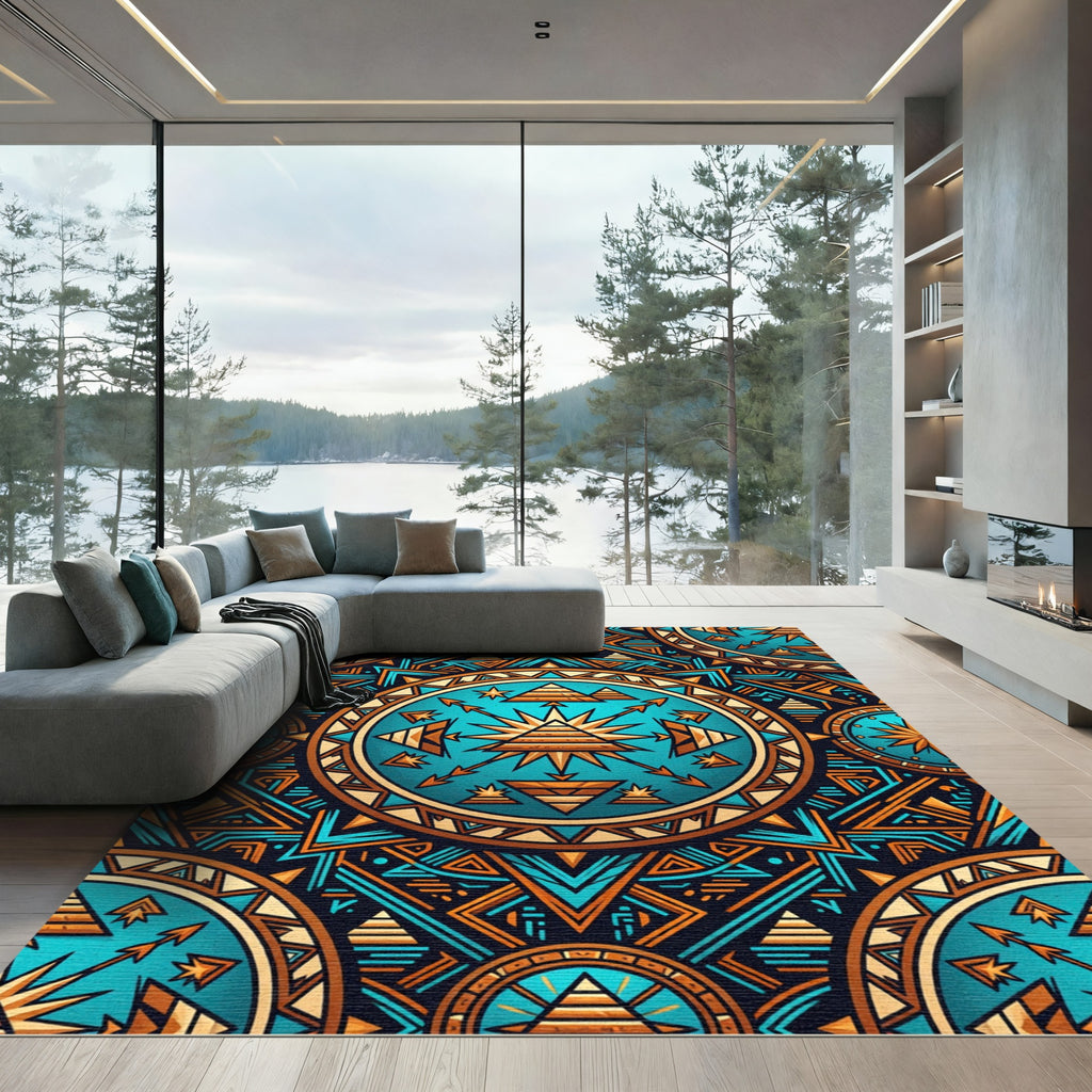 Golden Pyramid Turquoise Celestial Geometric Mandala Rug