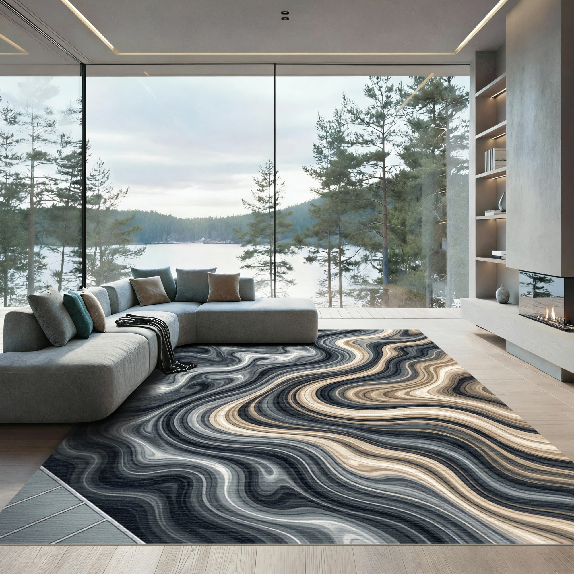 Modern Flowing Marbled Gray and Beige Rug