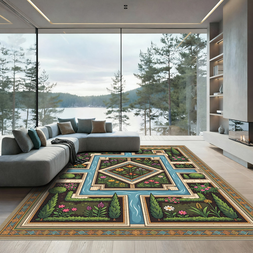 Symmetrical Floral Water Garden Tapestry Rug