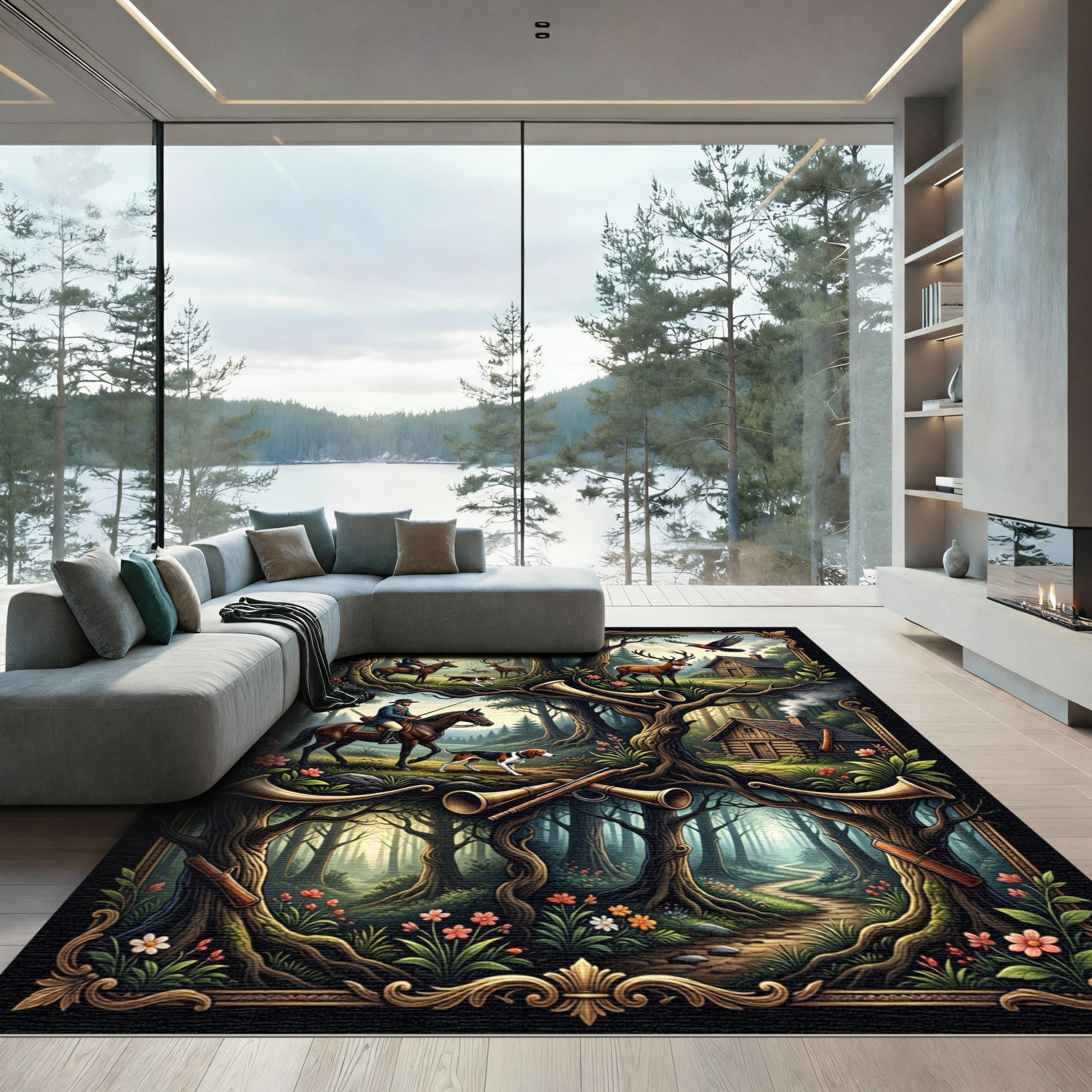 Vintage Hunting Scene Forest Floor Rug