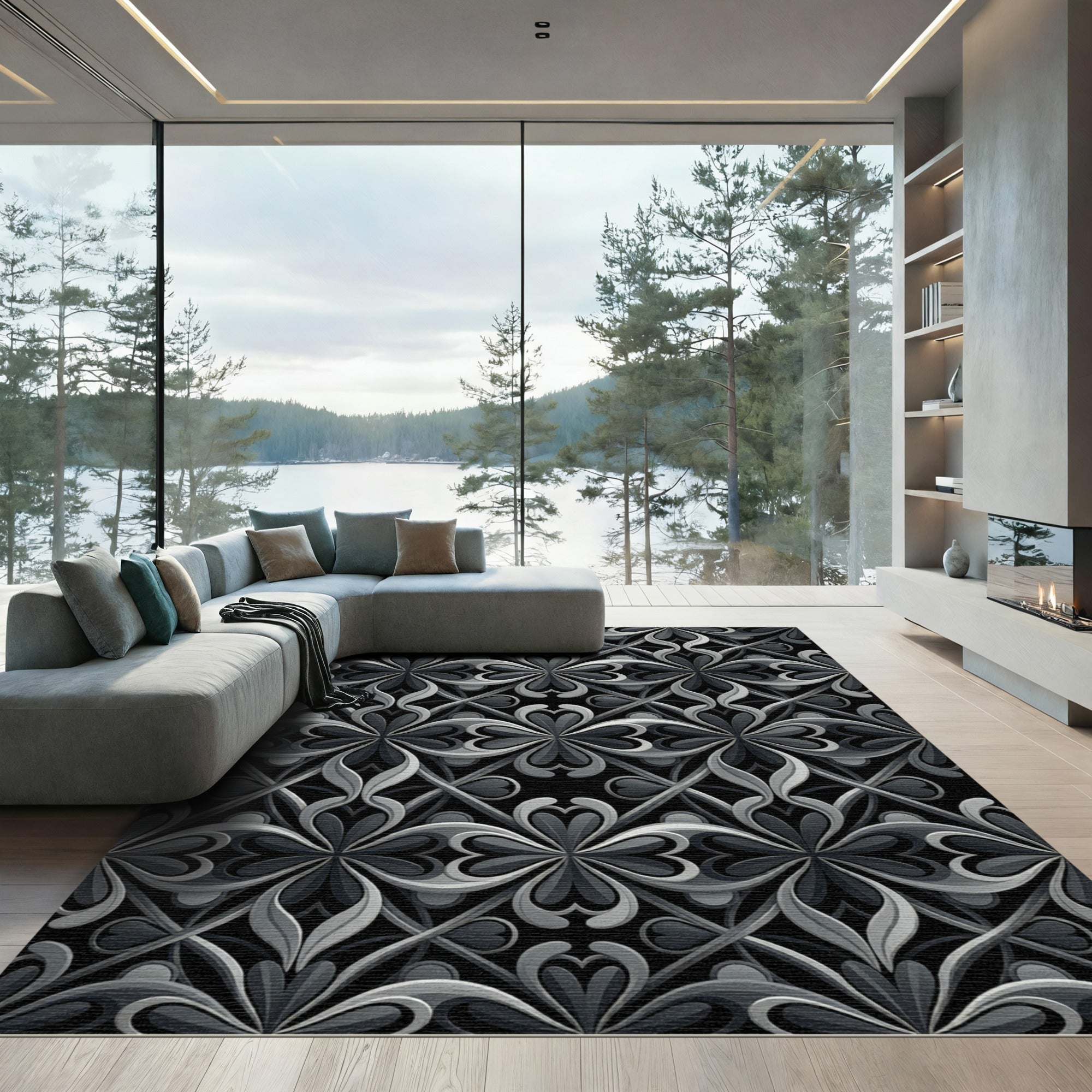 Intricate Gray Floral Lattice Rug
