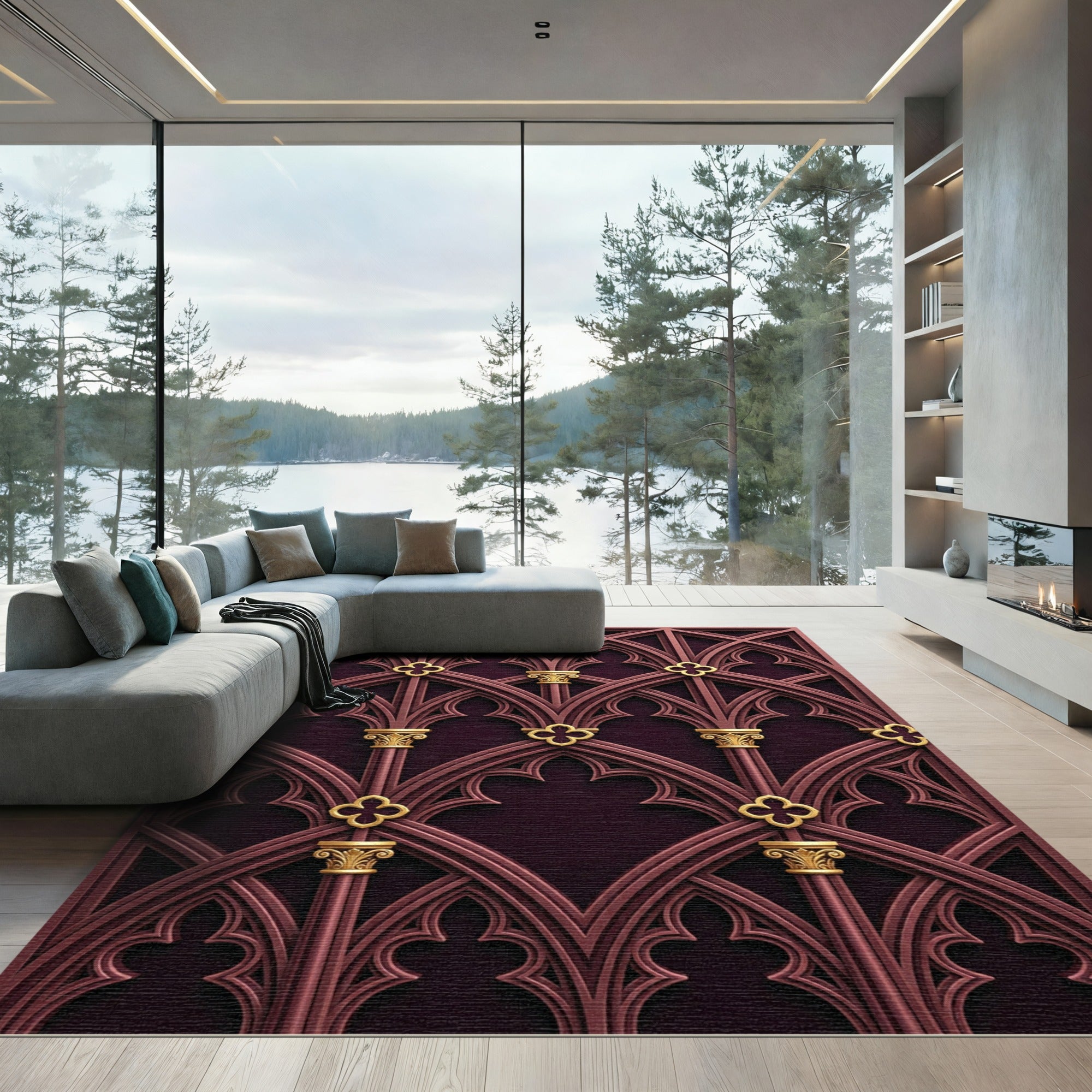Rich Burgundy Gold Architectural Arches Rug