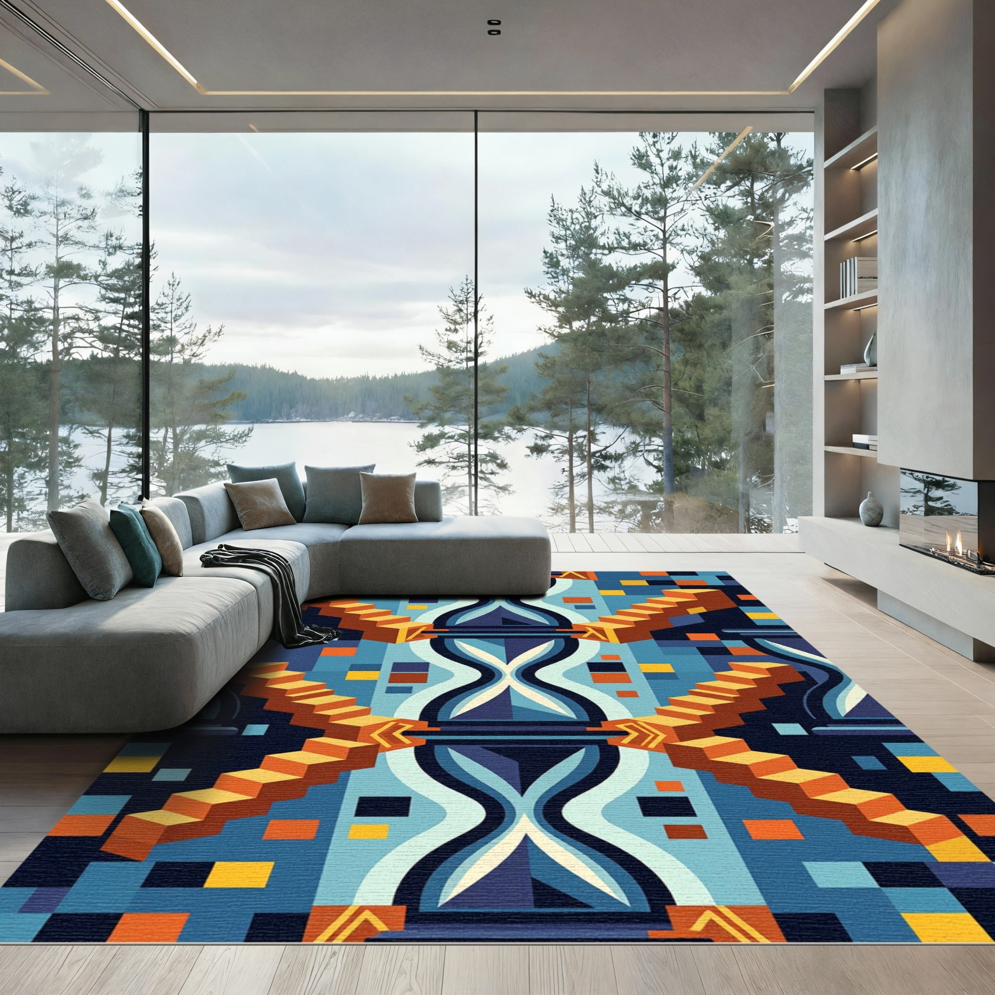 Bold Orange Abstract Geometric Stairs Rug